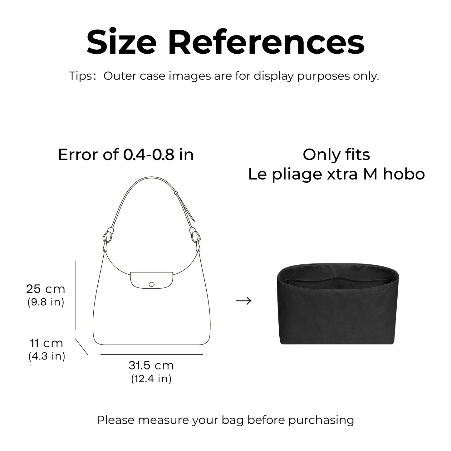 Handbag Organizer Insert for Long Champ Hobo Bag( Matte Blacck)