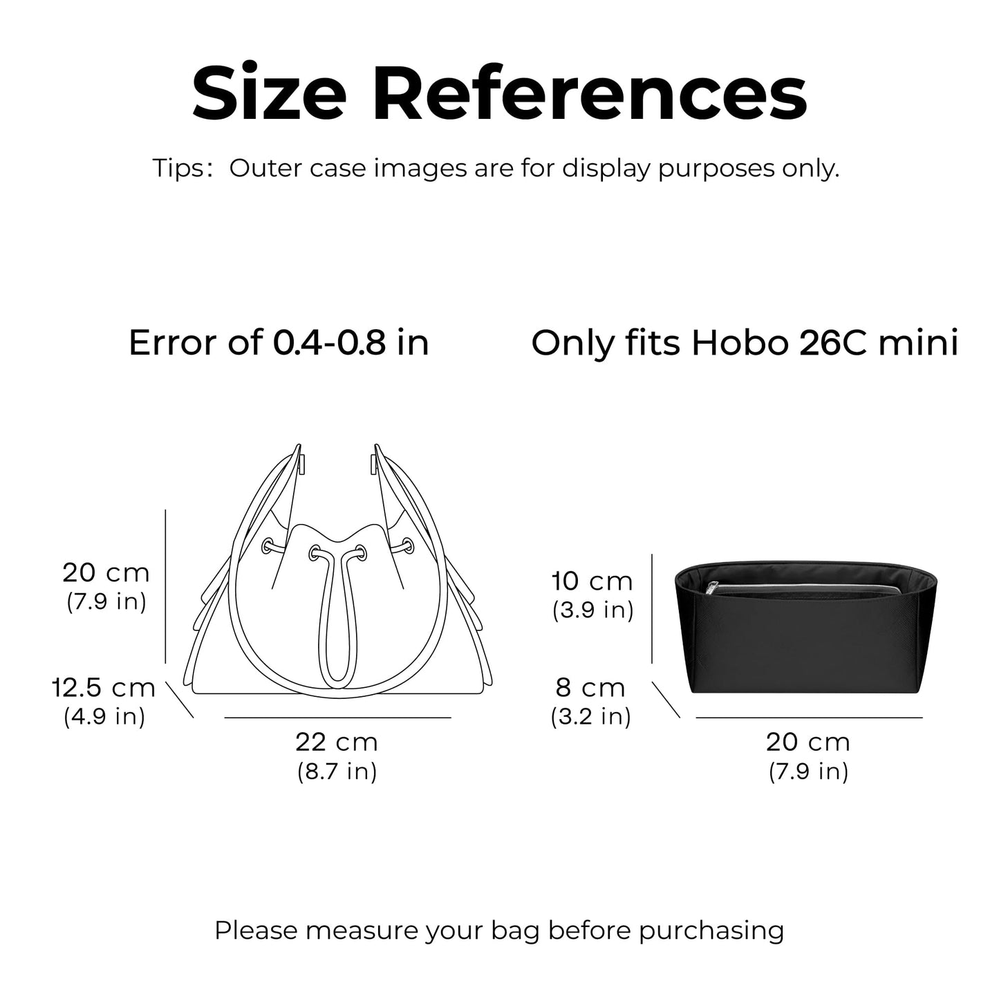 FANJI Project Purse Organizer Insert for Chanel Hobo 25 C Mini Bag, Custom Fit Inside Premium Lightweight Water Resistant Handbag Insert with Zipper(Matte Black)