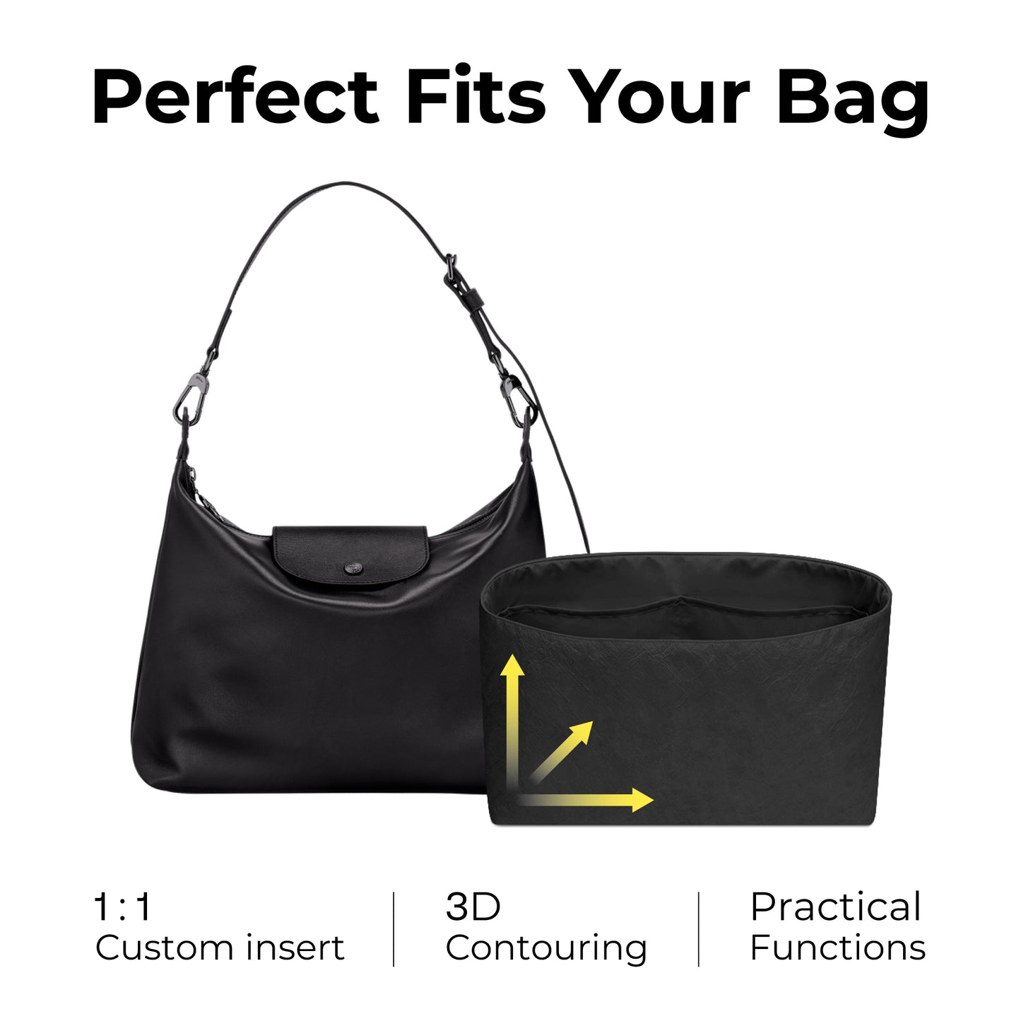 Handbag Organizer Insert for Long Champ Hobo Bag( Matte Blacck)