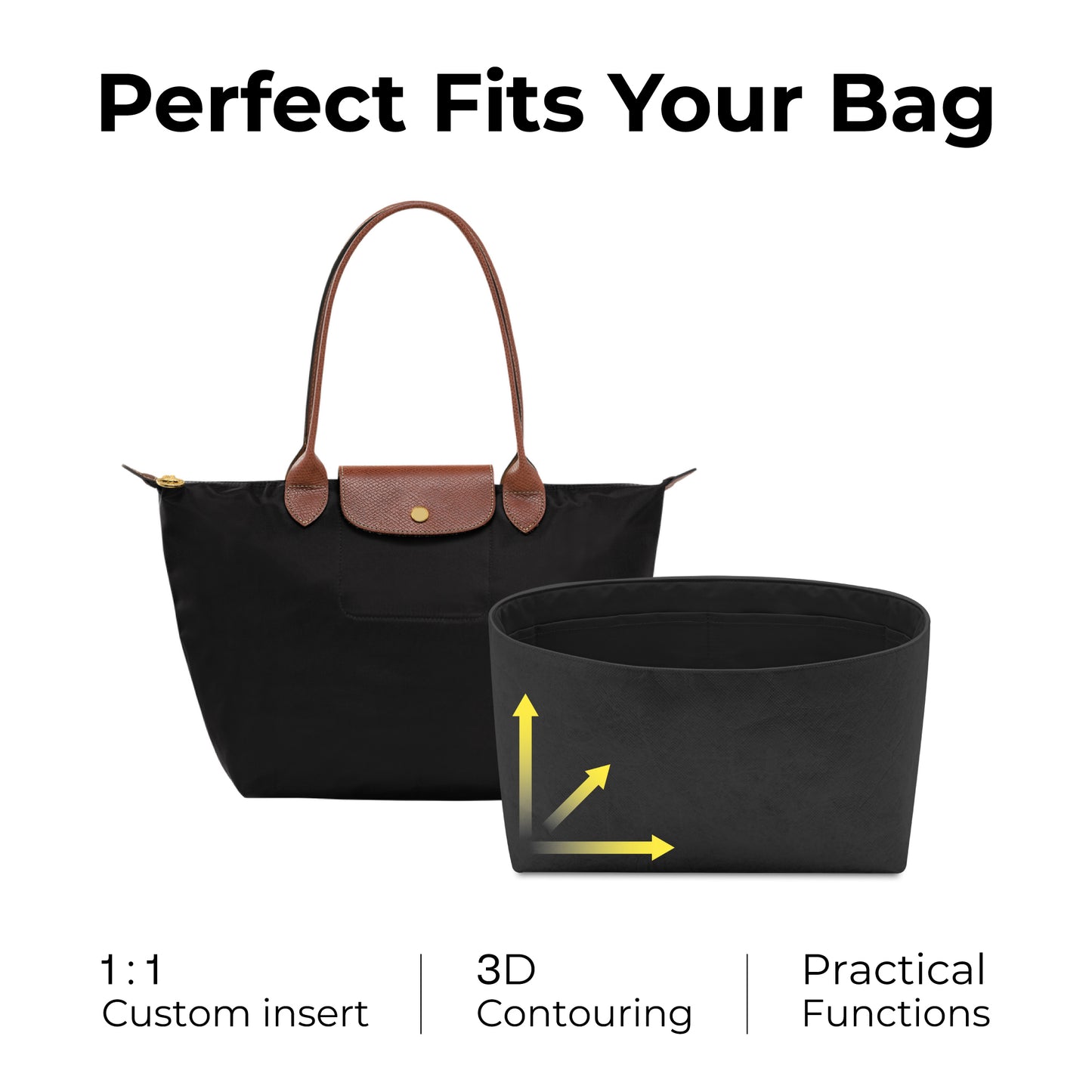 Handbag Organizer Insert for Le Pliage Original M Tote Bag( Matte Black)