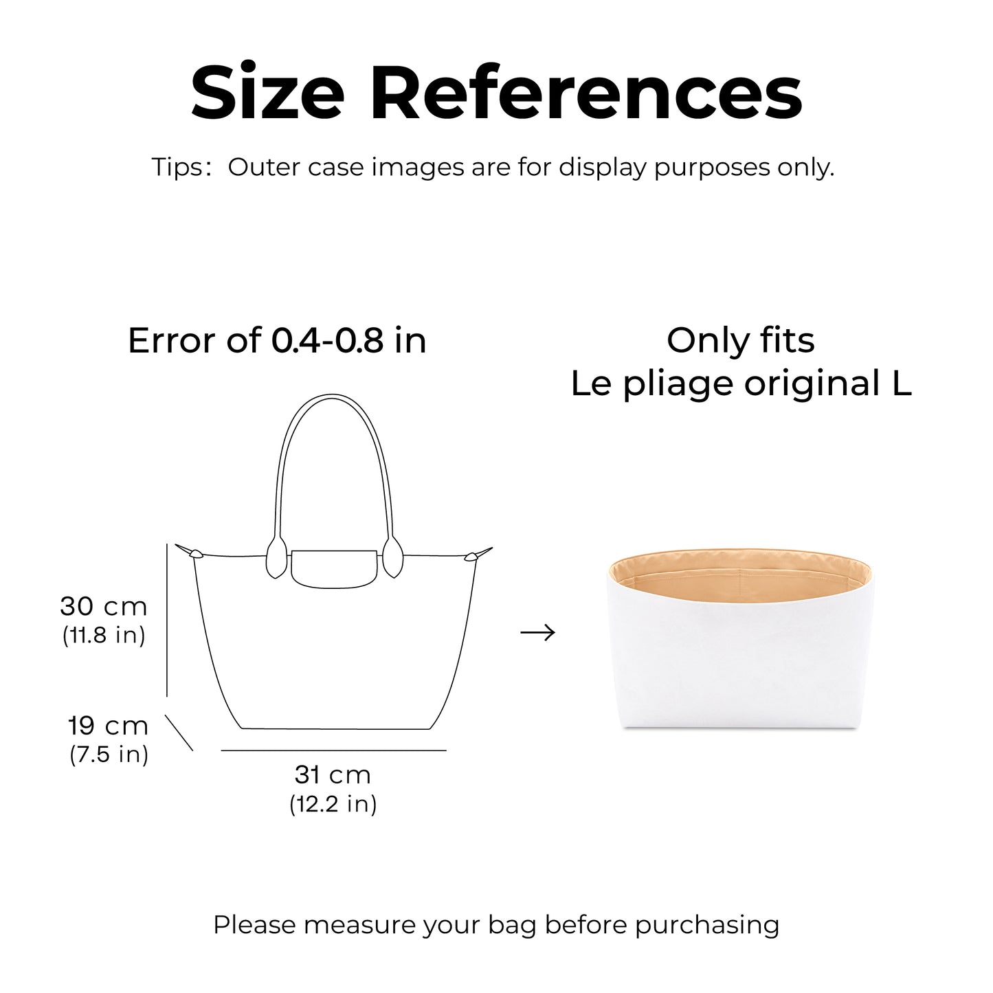 Handbag Organizer Insert for Le Pliage Original L Tote Bag( Vanile)