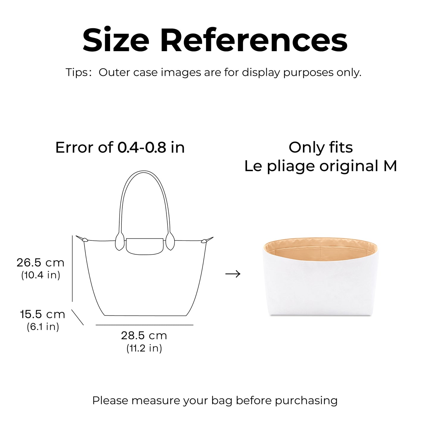 Handbag Organizer Insert for Le Pliage Original M Tote Bag(Vanile)