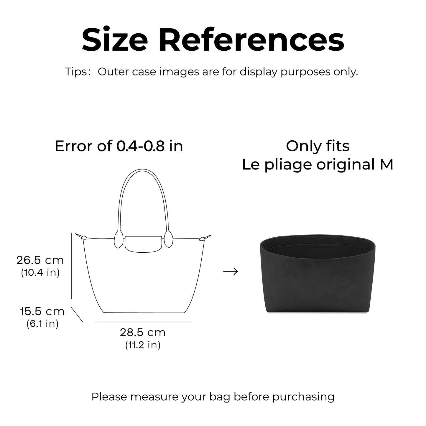 Handbag Organizer Insert for Le Pliage Original M Tote Bag( Matte Black)